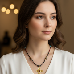 Doğal Taş Detaylı Gold Çiçek Uçlu Kolye – 90 cm