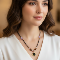 Doğal Taş Detaylı Siyah Merkez Taşlı Gold Kolye – 90 cm