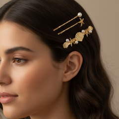 3'lü Deniz Kabuğu ve İncili Gold Tokalı Saç Aksesuar Seti