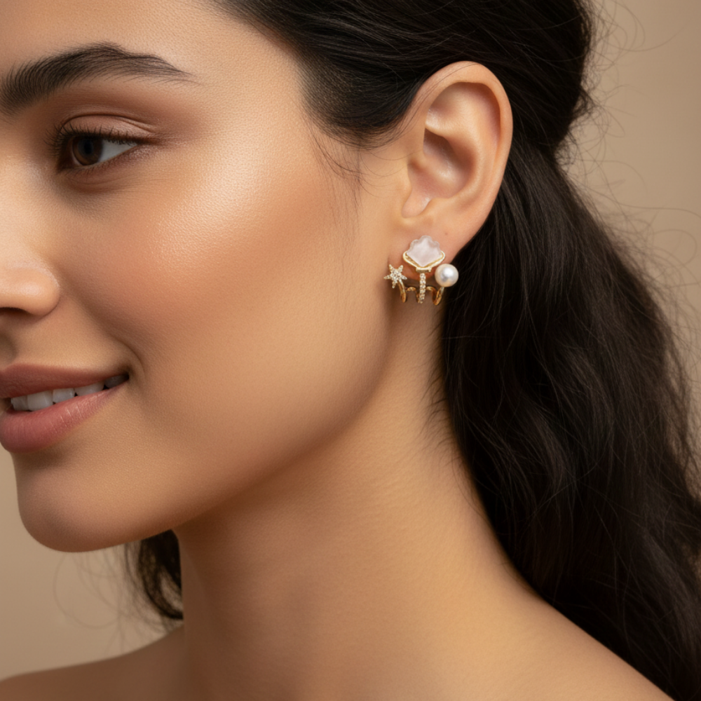 Gold Bulut ve İnci Detaylı Şık Küpe Seti – Modern & Zarif Tasarım