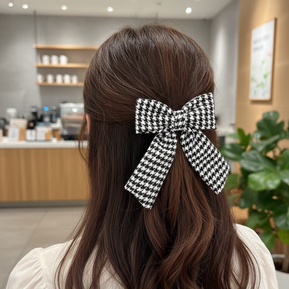 Siyah Beyaz Kaz Ayağı Desenli Kadın Toka - Yumuşak Dokulu