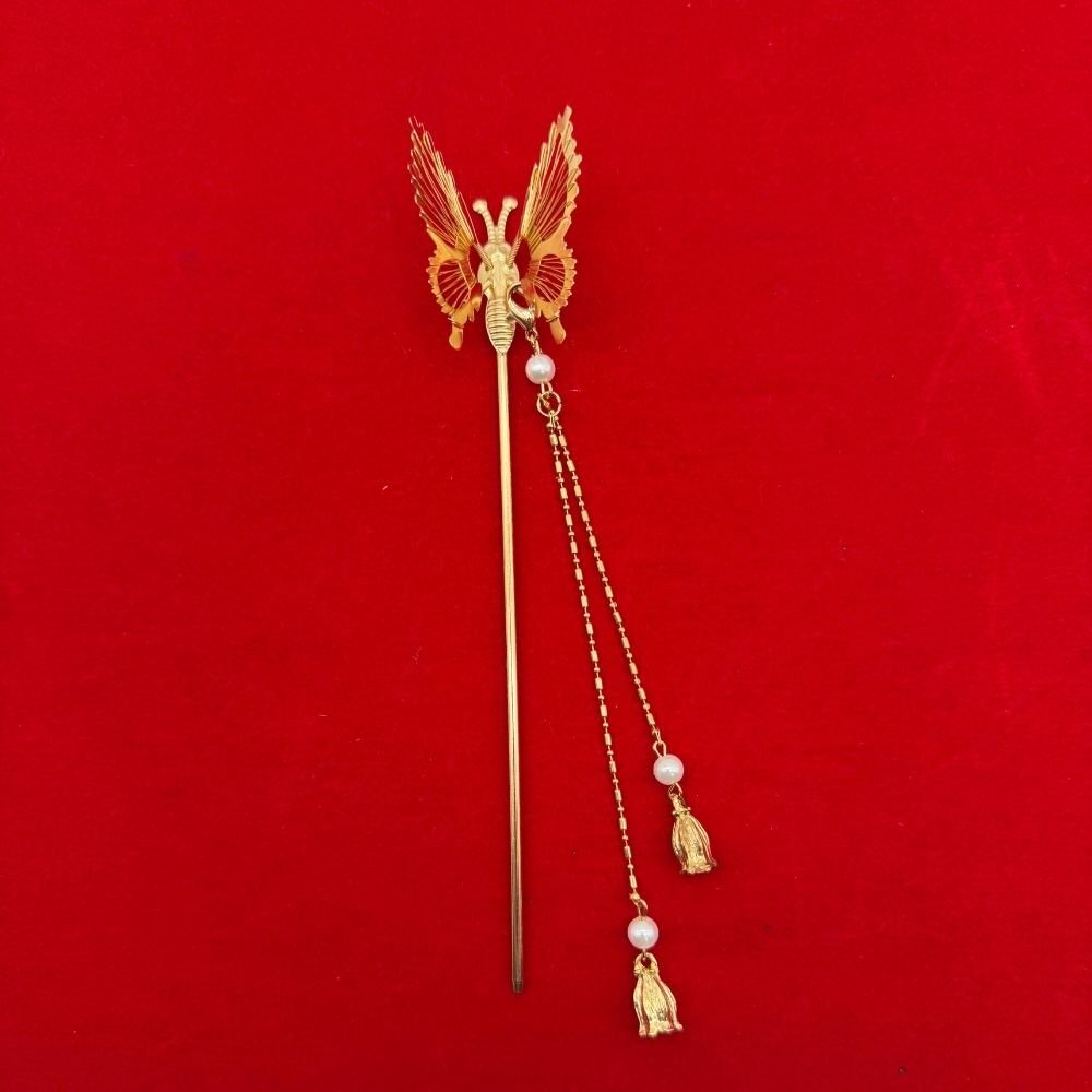 Kelebek Figürlü Sallantılı İnci Detaylı Saç İğnesi