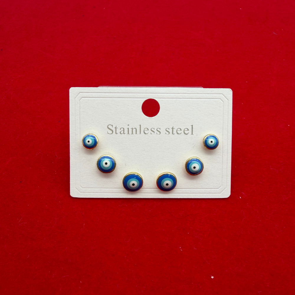 Üçlü Nazar Boncuklu Çelik Küpe Seti