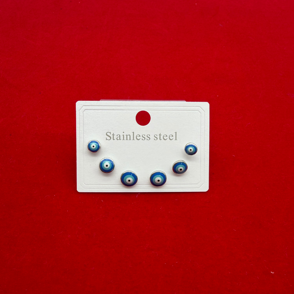 Üçlü Nazar Boncuklu Mini Çelik Küpe Seti