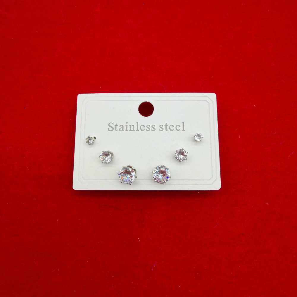 Üçlü Taş Detaylı Gümüş Çelik Küpe Seti