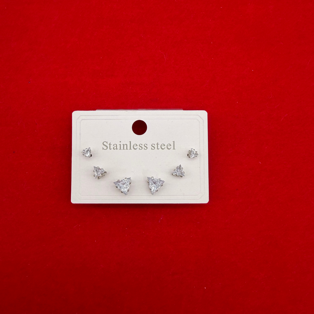 Üçlü Üçgen Taş Detaylı Gümüş Çelik Küpe Seti