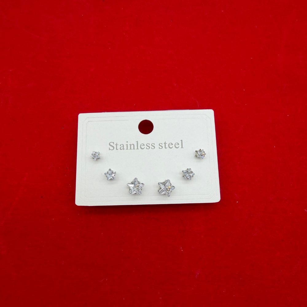 Üçlü Yıldız Taş Detaylı Gümüş Çelik Küpe Seti