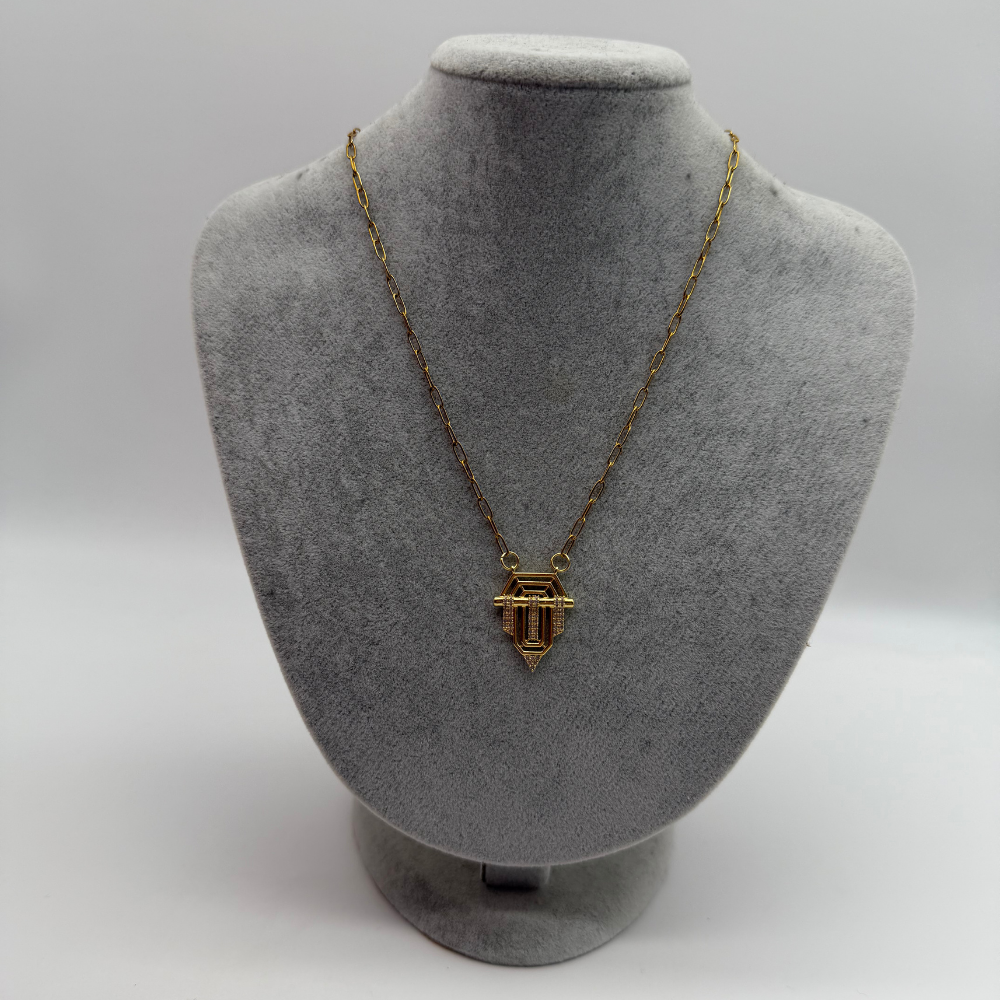 Geometrik Taş Detaylı Gold Kolye