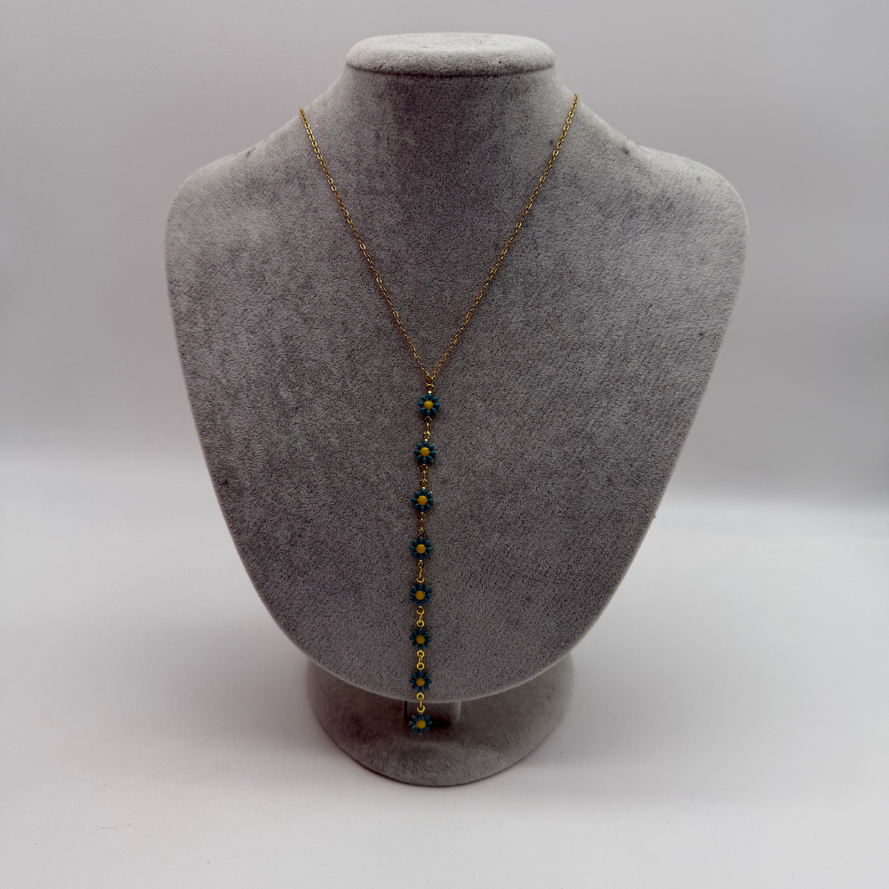 Mavi Çiçek Detaylı Gold Zincir Uzun Kolye