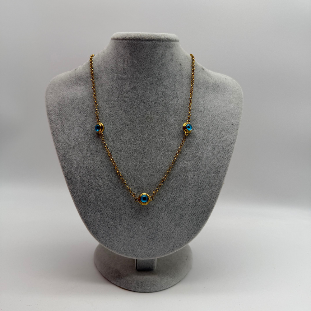 Üçlü Nazar Boncuk Detaylı Gold Zincir Kolye
