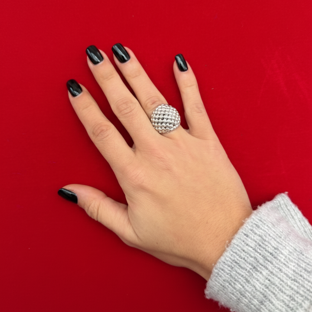 Gümüş Görünümlü Boncuk Dokulu Ayarlanabilir Bombeli Yüzük