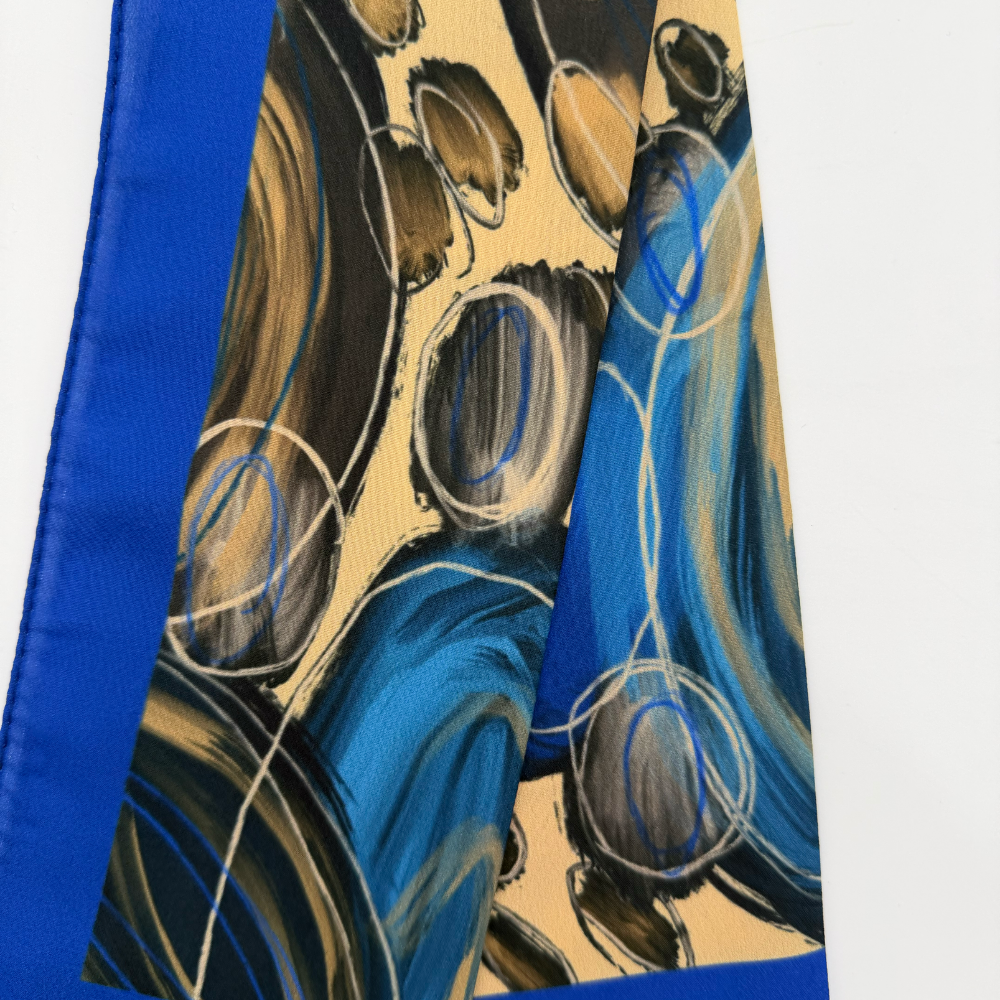 Mavi Kahve Soyut Desenli İpek Etkili Fular (50x50 cm)