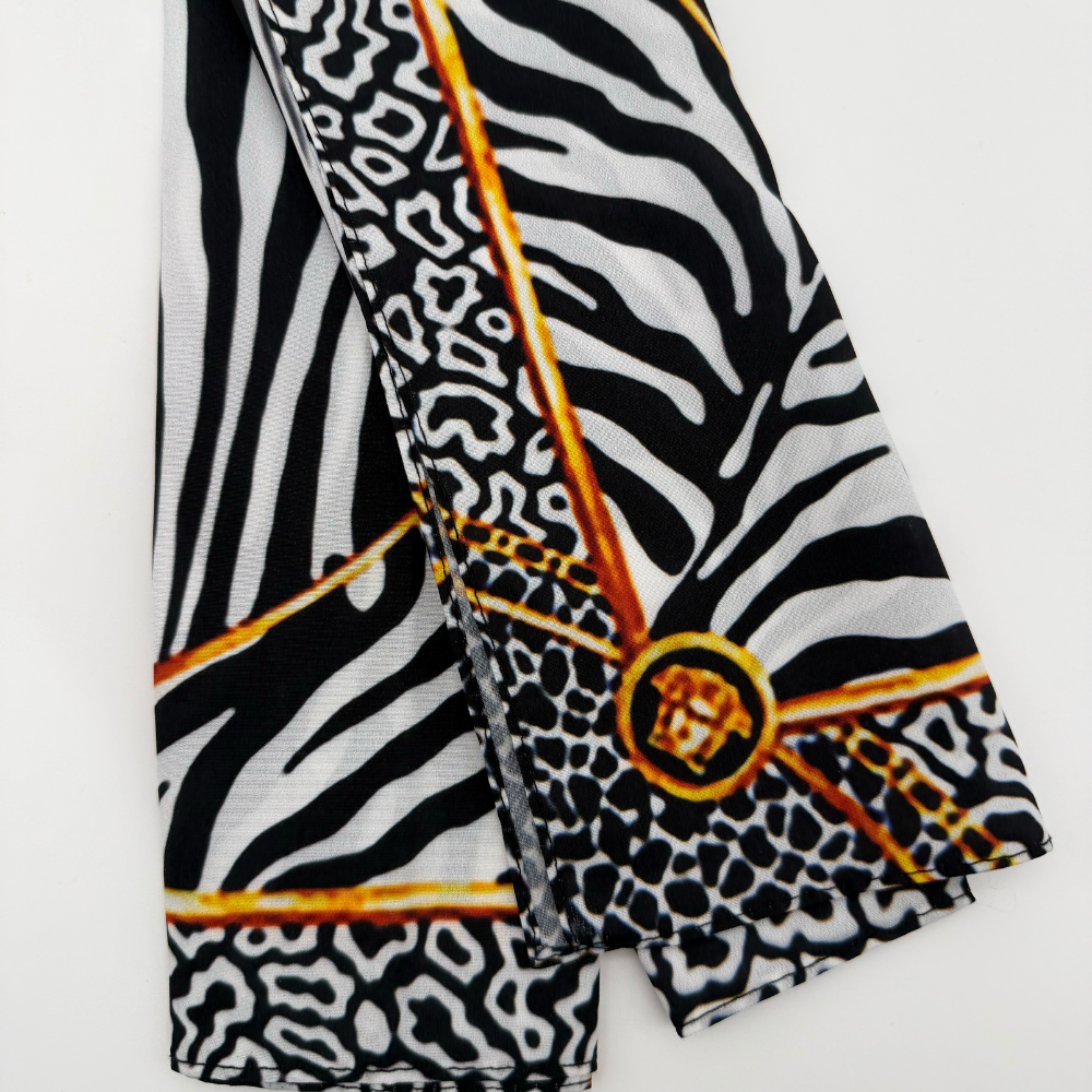 Siyah Beyaz Zebra Leopar Karışık Desenli İpek Etkili Fular (50x50 cm)