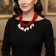 Kırmızı Mercan Görünümlü İnci Detaylı Statement Kolye