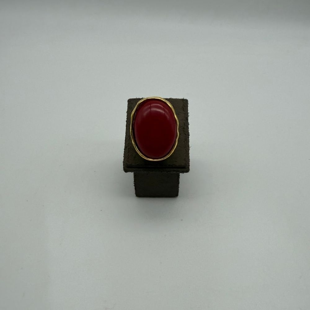 Kırmızı Oval Taş Detaylı Gold Kaplama Statement Yüzük