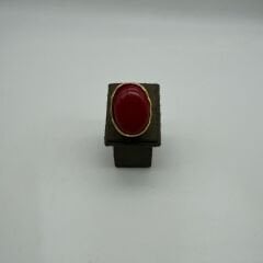 Kırmızı Oval Taş Detaylı Gold Kaplama Statement Yüzük