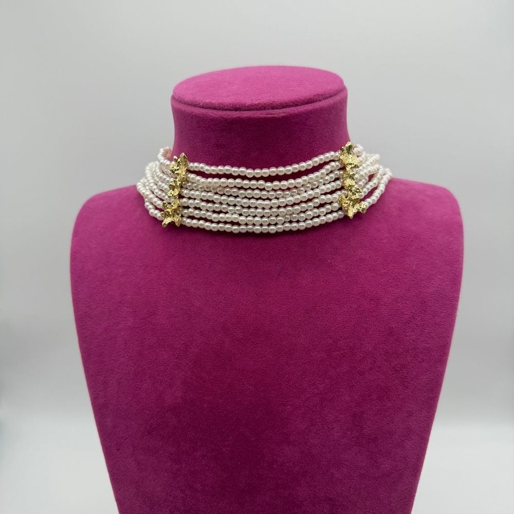 İnci Detaylı Altın Kaplama Çok Sıralı Choker Kolye