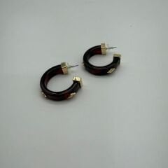 Bordo Mermer Dokulu Altın Detaylı Halka Küpe