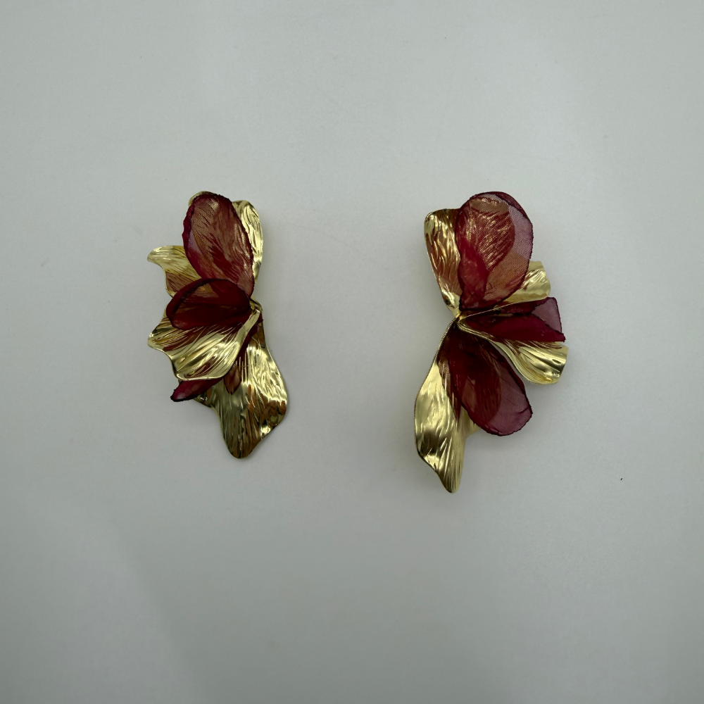 Bordo Organze Detaylı Gold Küpe