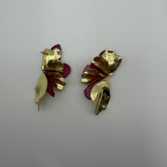 Bordo Organze Detaylı Gold Küpe
