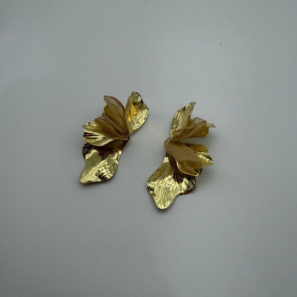 Bej Organze Detaylı Gold Küpe