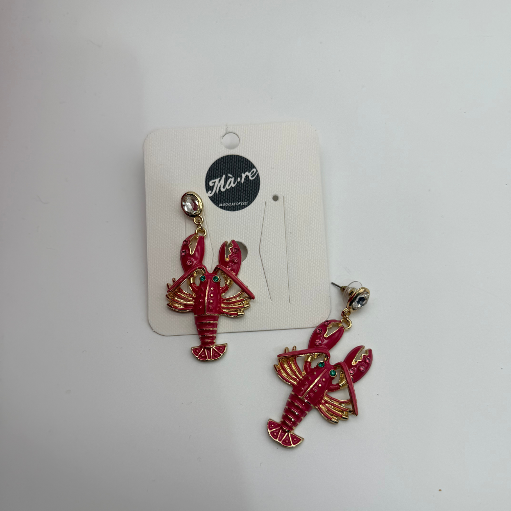 Kırmızı Istakoz Figürlü Taş Detaylı Sallantılı Küpe