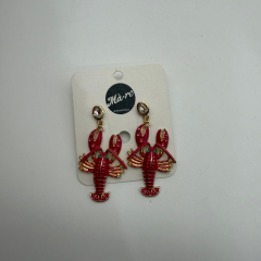 Kırmızı Istakoz Figürlü Taş Detaylı Sallantılı Küpe