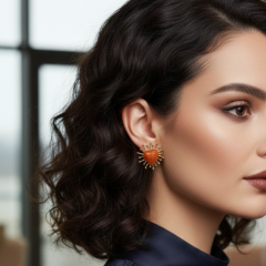 Turuncu Kalp Taş Detaylı Güneş Form Küpe