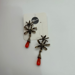 Turuncu Damla Taş Detaylı Çiçek Form Sallantılı Küpe