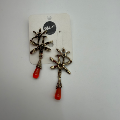 Turuncu Damla Taş Detaylı Çiçek Form Sallantılı Küpe