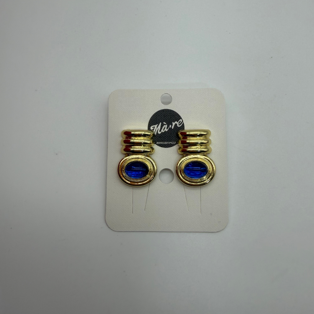 Gold Detaylı Mavi Cam Taşlı Modern Küpe