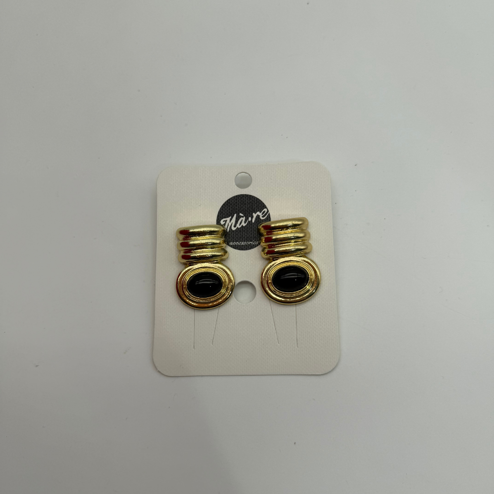 Gold Detaylı Siyah Cam Taşlı Modern Küpe