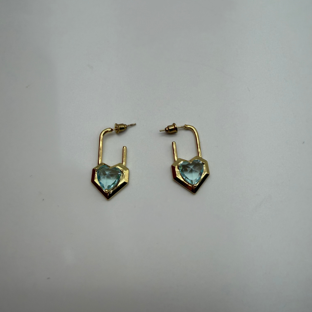 Mavi Kalp Taş Detaylı Geometrik Gold Küpe