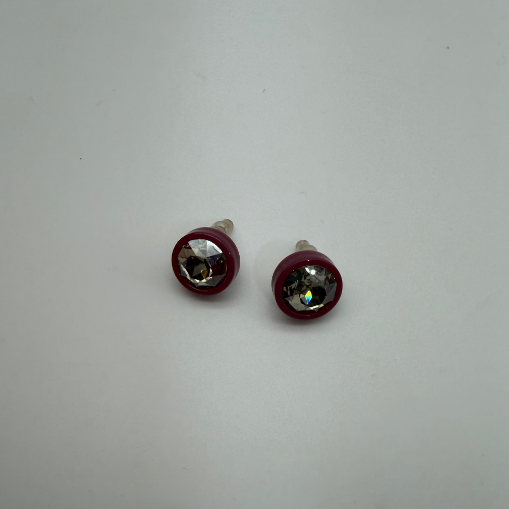 Bordo Çerçeveli Şeffaf Taş Detaylı Gümüş İğneli Küpe