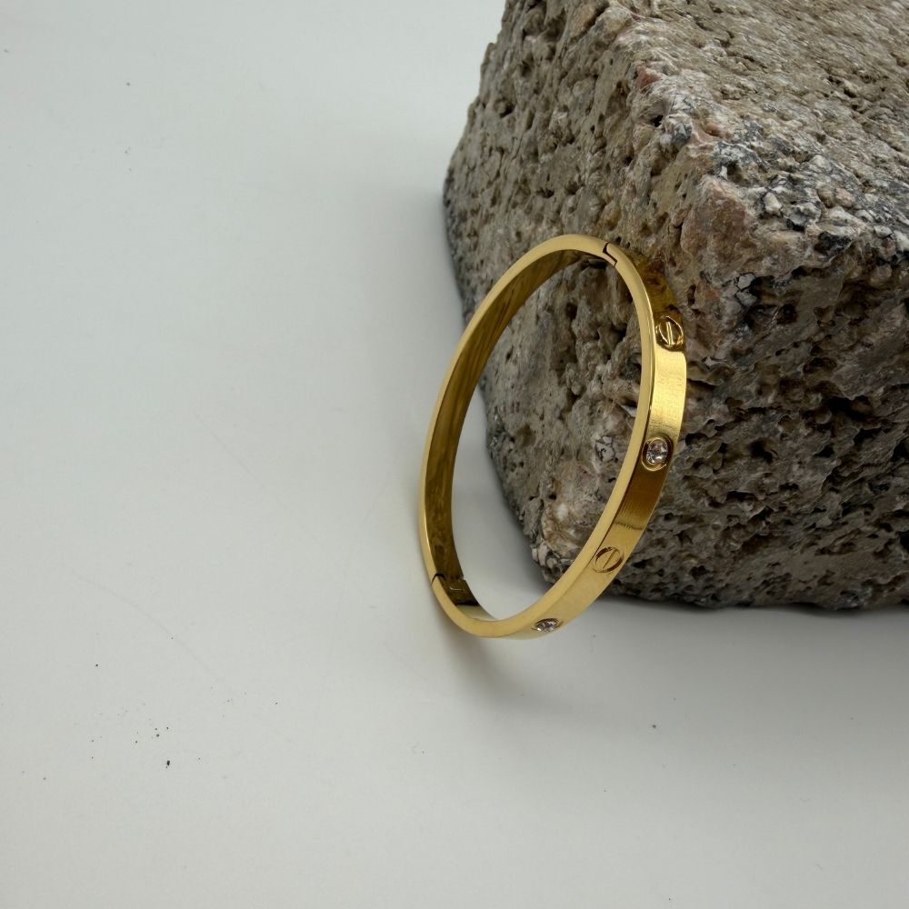 Taş Detaylı Kalın Gold Çelik Kelepçe Bileklik