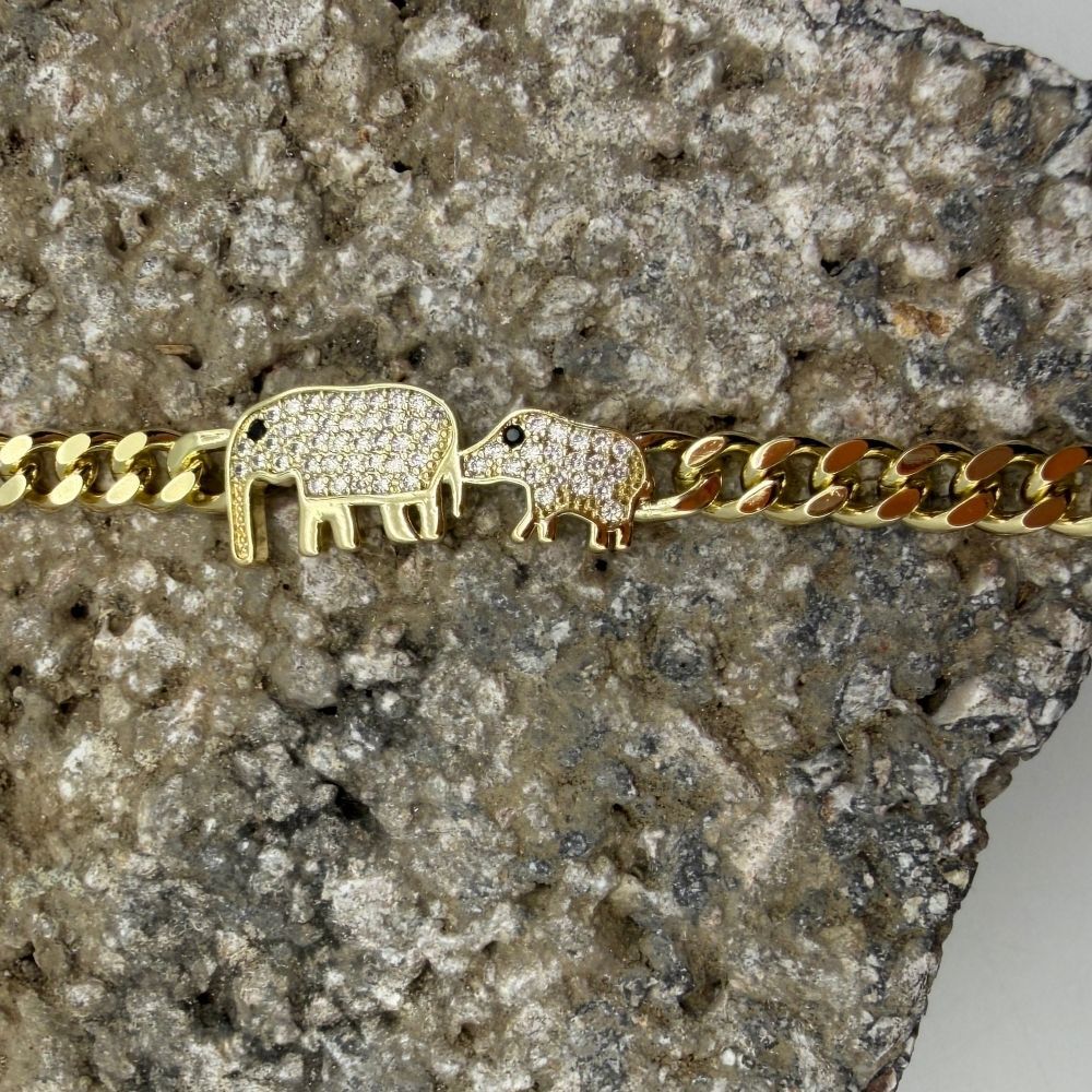 Fil Figürlü Taş Detaylı Gold Çelik Bileklik