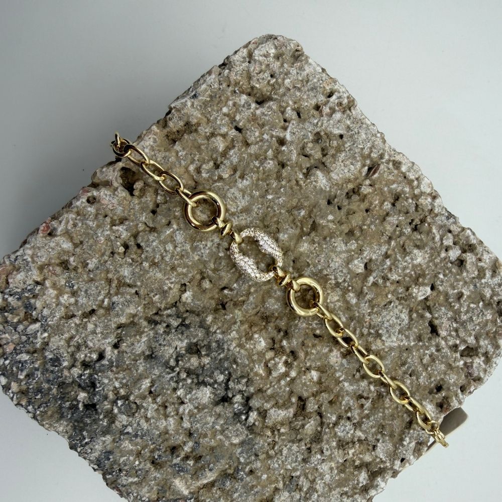 Oval Taş Detaylı Gold Çelik Zincir Bileklik