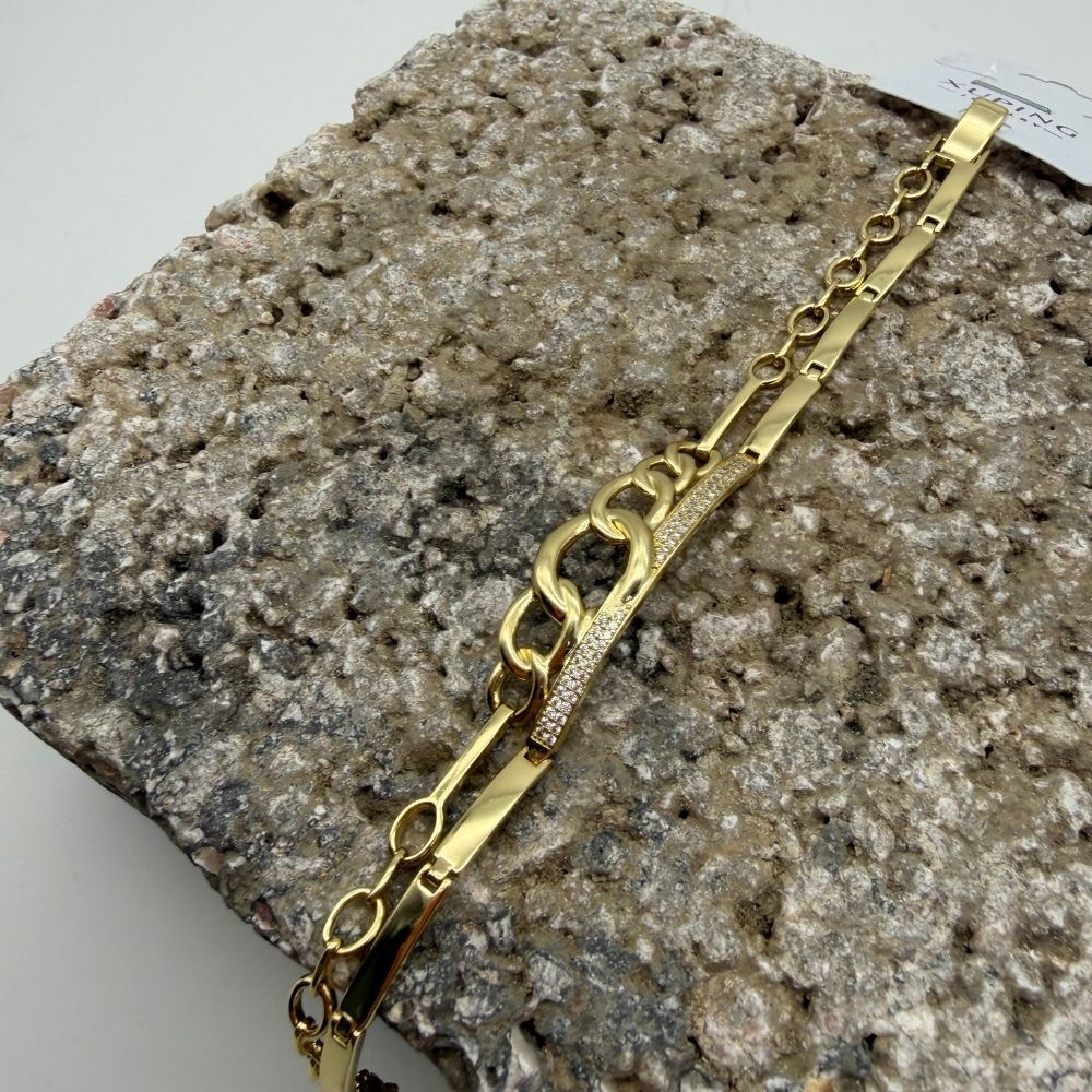 Taş Detaylı Gold Çelik Zincir Bileklik