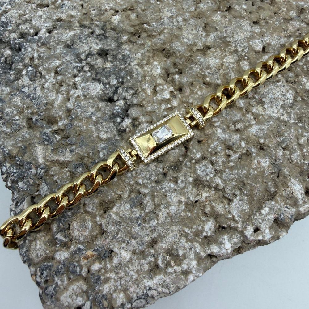 Baget Taş Detaylı Gold Zincir Bileklik