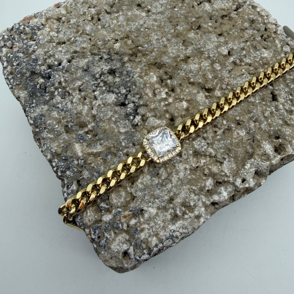 Baget Taş Detaylı Gold Zincir Bileklik