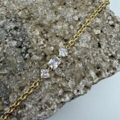 Üç Taş Detaylı Gold Zincir Bileklik