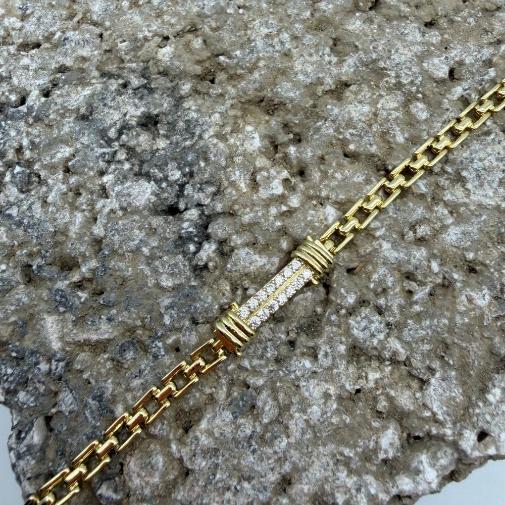 Taş Şerit Detaylı Gold Zincir Bileklik