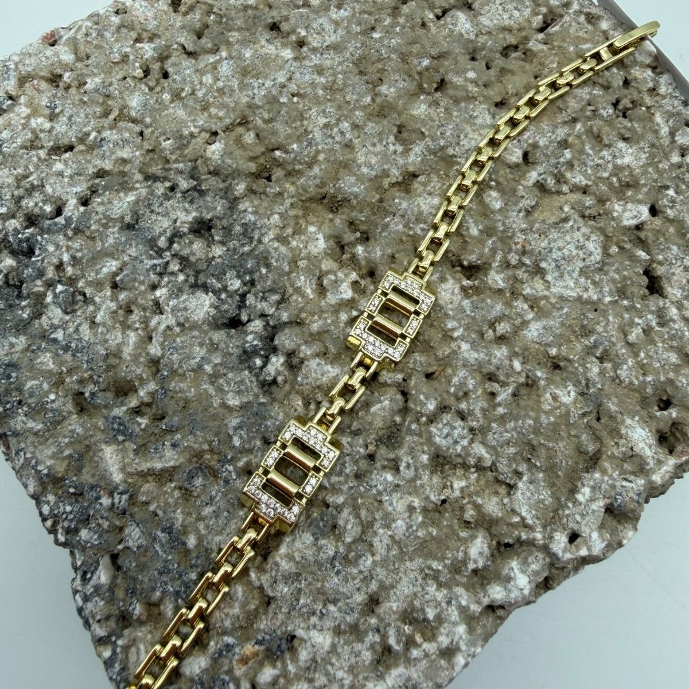 Geometrik Taş Detaylı Gold Zincir Bileklik