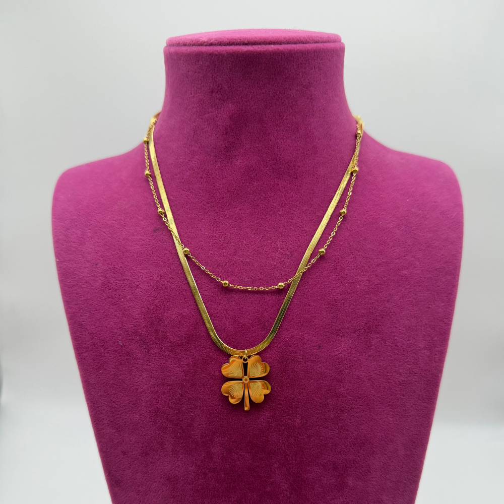 Gold Renk Yonca Figürlü Çift Sıra İtalyan Zincir Kolye