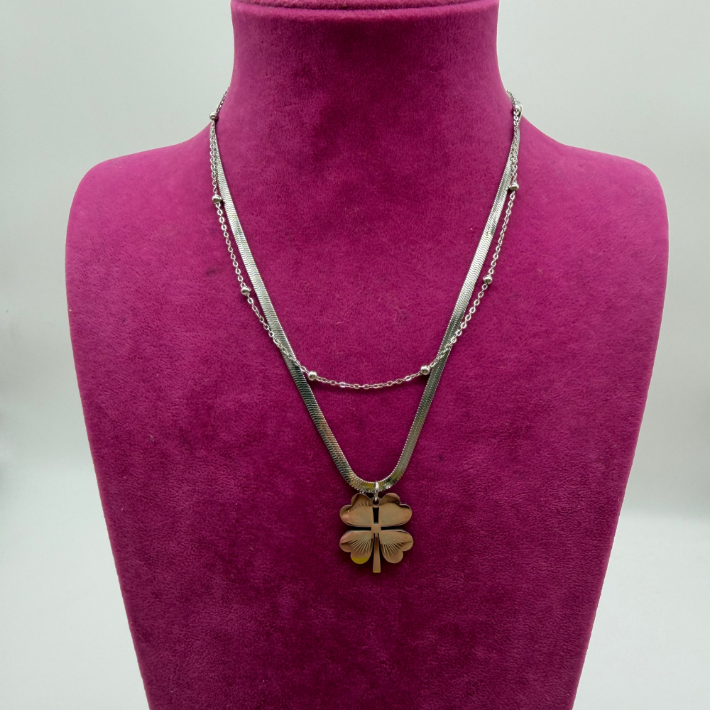 Gümüş Renk Yonca Figürlü Çift Sıra İtalyan Zincir Kolye