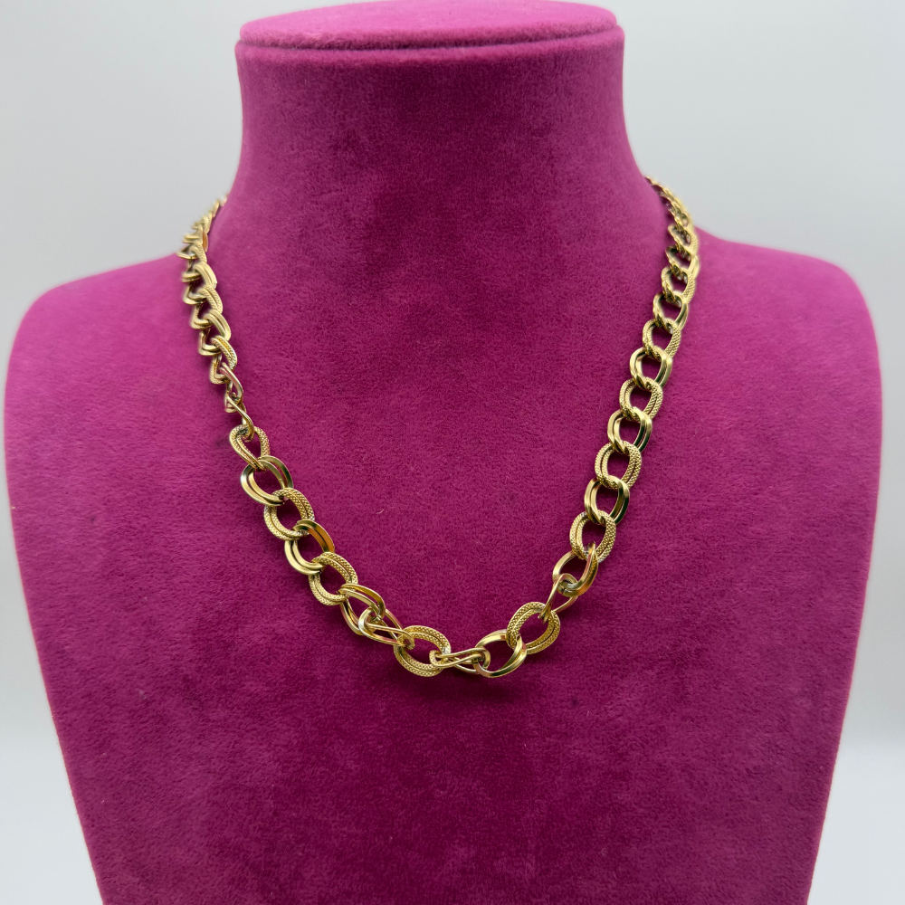 Dokulu Halka Geçişli Gold Zincir Çelik Kolye - 45 cm