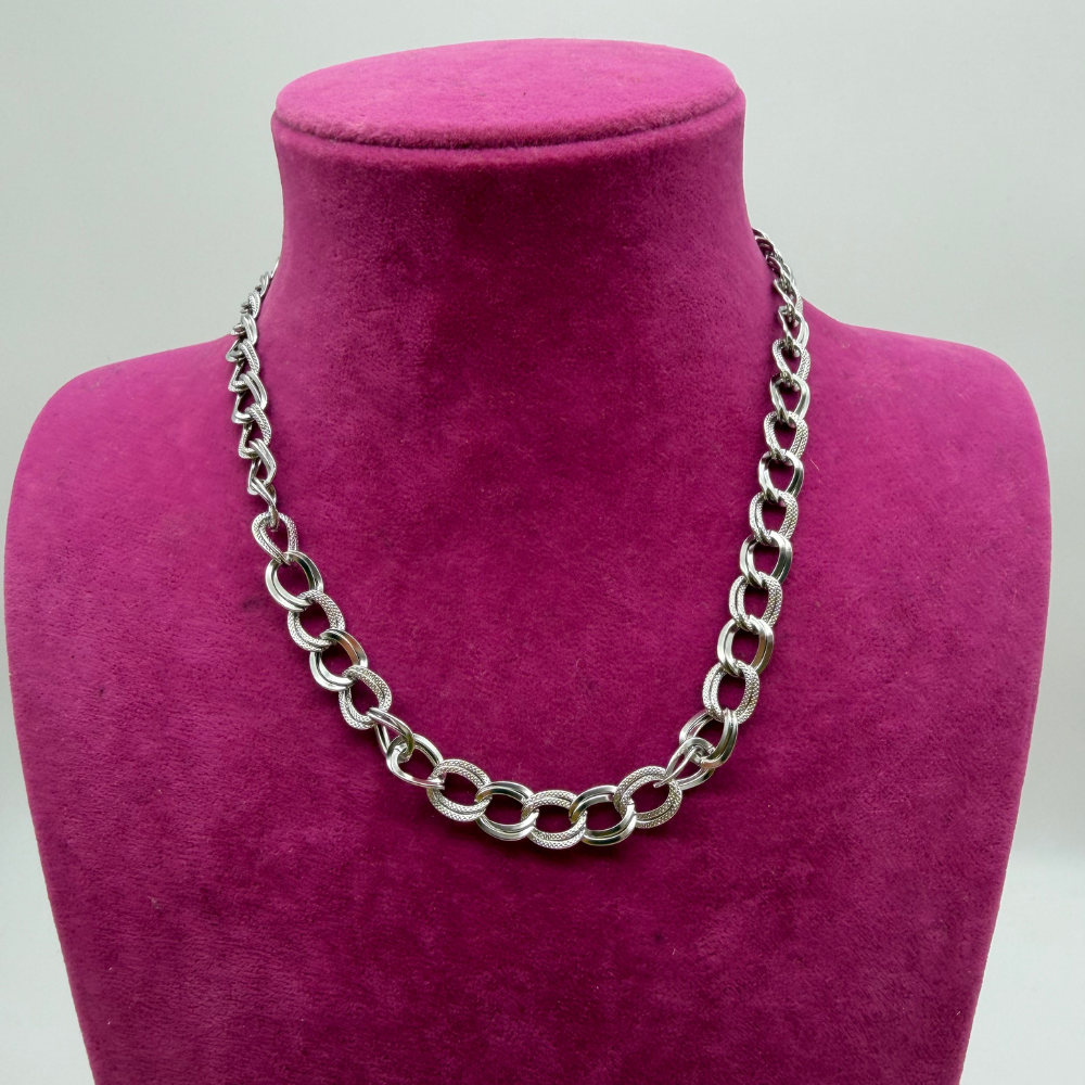 Dokulu Halka Geçişli Gümüş Zincir Çelik Kolye - 45 cm