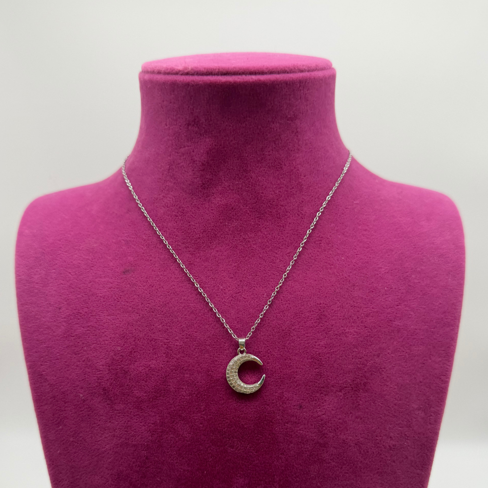 Zirkon Taşlı Gümüş Ay Figürlü Çelik Kolye - 45 cm