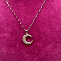 Zirkon Taşlı Gümüş Ay Figürlü Çelik Kolye - 45 cm