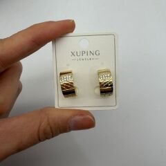 Taş Şerit Detaylı Desenli Gold Mini Halka Küpe